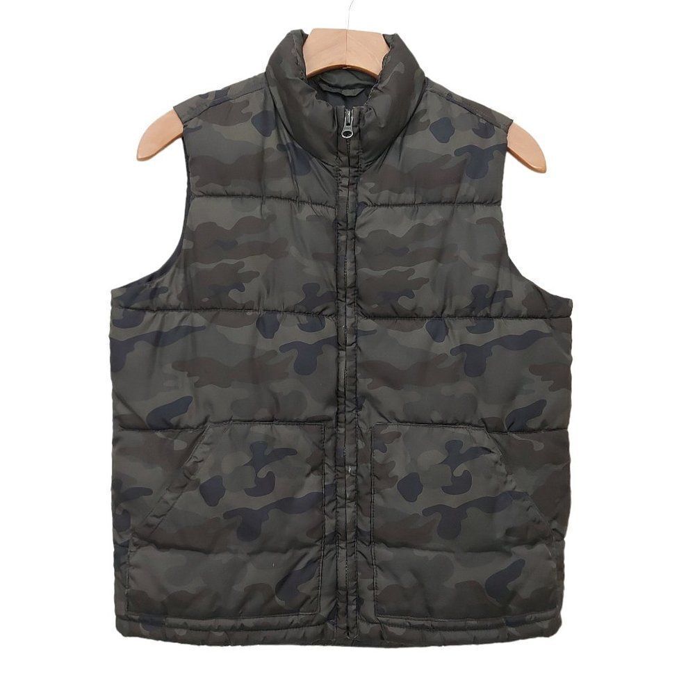 Old Navy Camo Puffer Vest Boys Large 10-12 Green Full Zip Insulated Warm